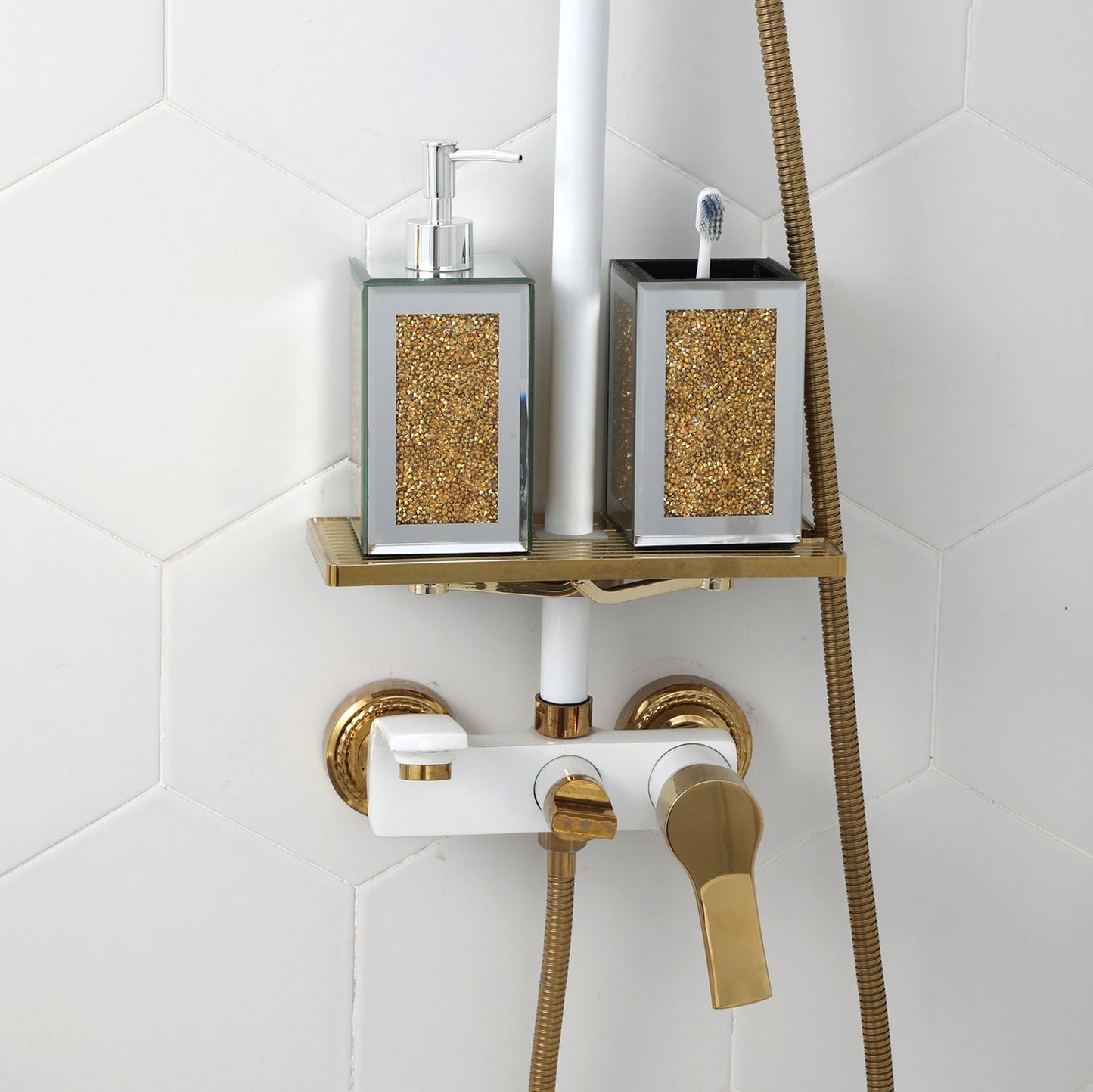 Square Soap Dispenser and Toothbrush Holder in Gift Box, Gold Crushed