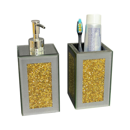 Square Soap Dispenser and Toothbrush Holder in Gift Box, Gold Crushed