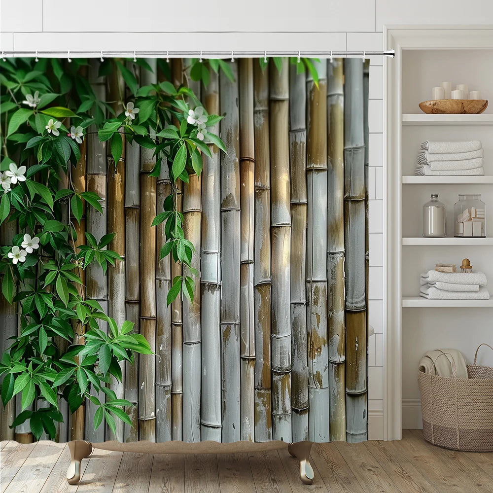 Rural Landscape Green Plant Leaves Shower Curtain Set Yellow Bamboo Flower Bathroom Curtains Non-Slip Bath Mat Rug Toilet Cover