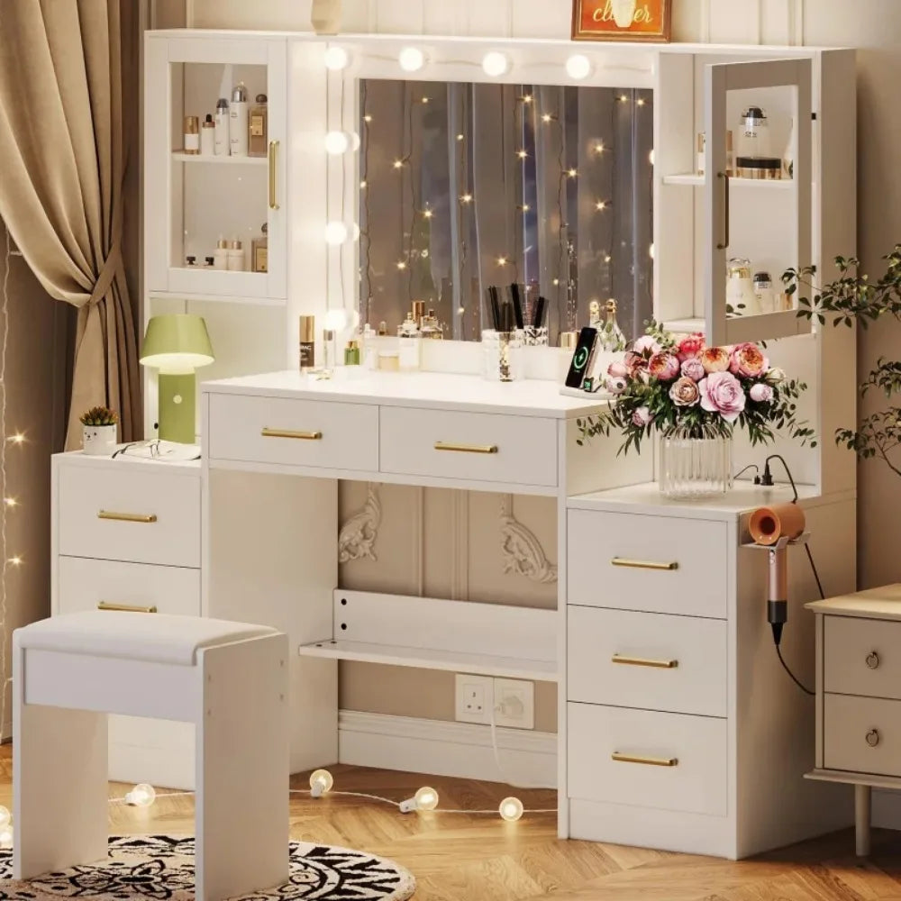 58.3" Vanity Desk with Mirror & Lights, Makeup Vanity with 10 LED Lights, 8 Metal Sliding Drawers & 2 Cabinets, White Vanity Set