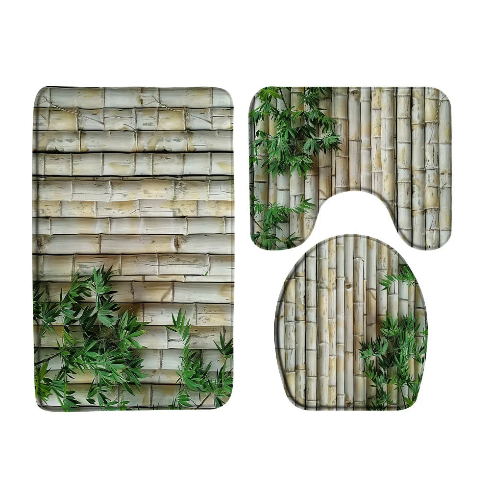 Rural Landscape Green Plant Leaves Shower Curtain Set Yellow Bamboo Flower Bathroom Curtains Non-Slip Bath Mat Rug Toilet Cover