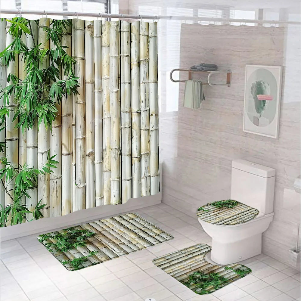 Rural Landscape Green Plant Leaves Shower Curtain Set Yellow Bamboo Flower Bathroom Curtains Non-Slip Bath Mat Rug Toilet Cover