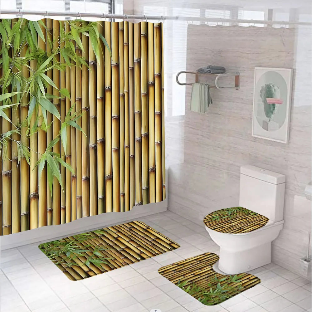 Rural Landscape Green Plant Leaves Shower Curtain Set Yellow Bamboo Flower Bathroom Curtains Non-Slip Bath Mat Rug Toilet Cover