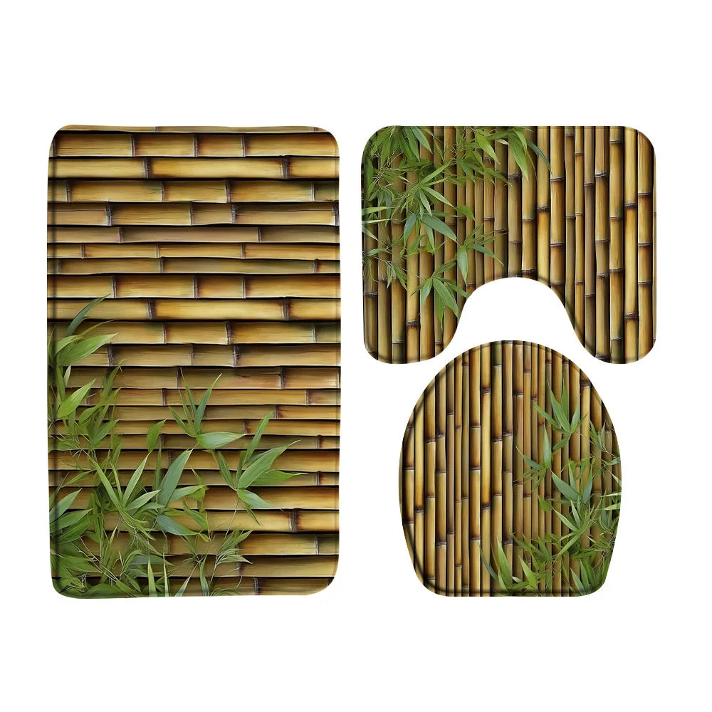 Rural Landscape Green Plant Leaves Shower Curtain Set Yellow Bamboo Flower Bathroom Curtains Non-Slip Bath Mat Rug Toilet Cover