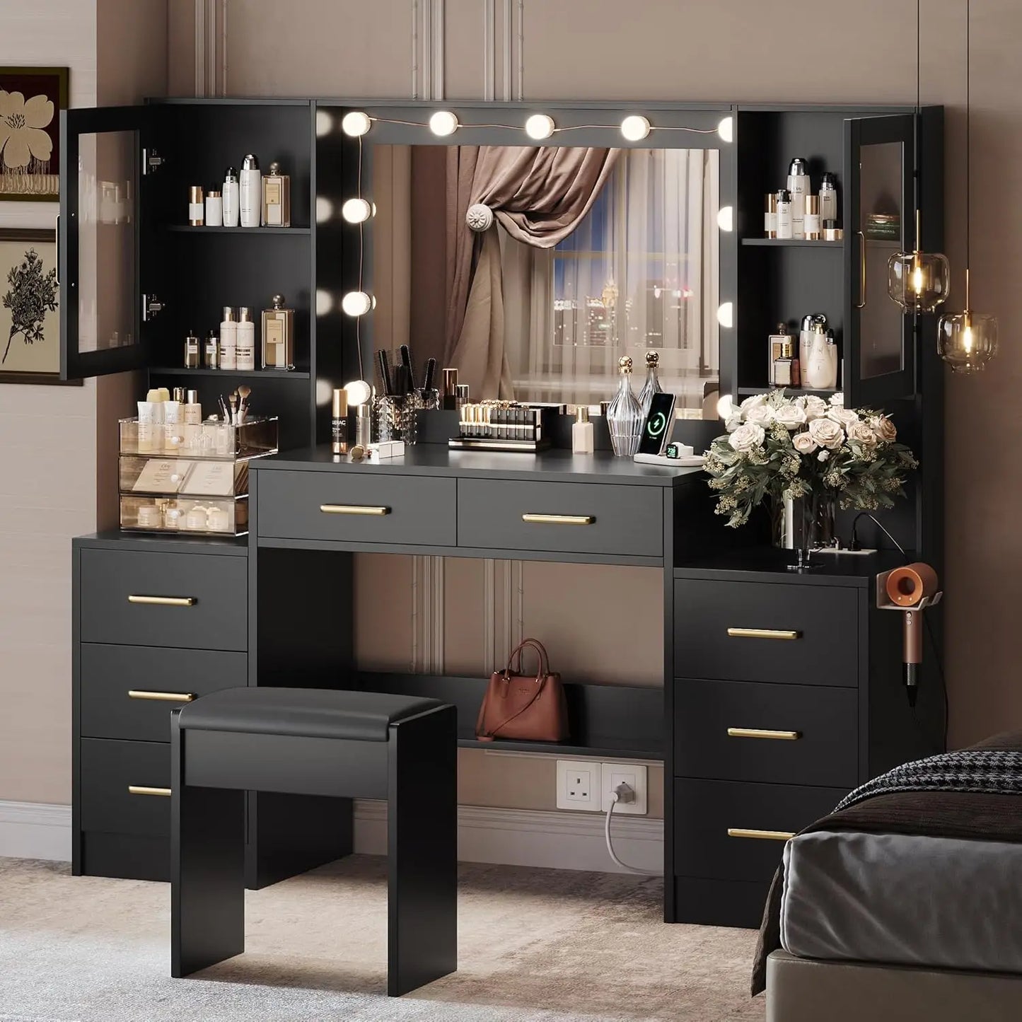 58.3" Vanity Desk with Mirror & Lights, Makeup Vanity with 10 LED Lights, 8 Metal Sliding Drawers & 2 Cabinets, White Vanity Set