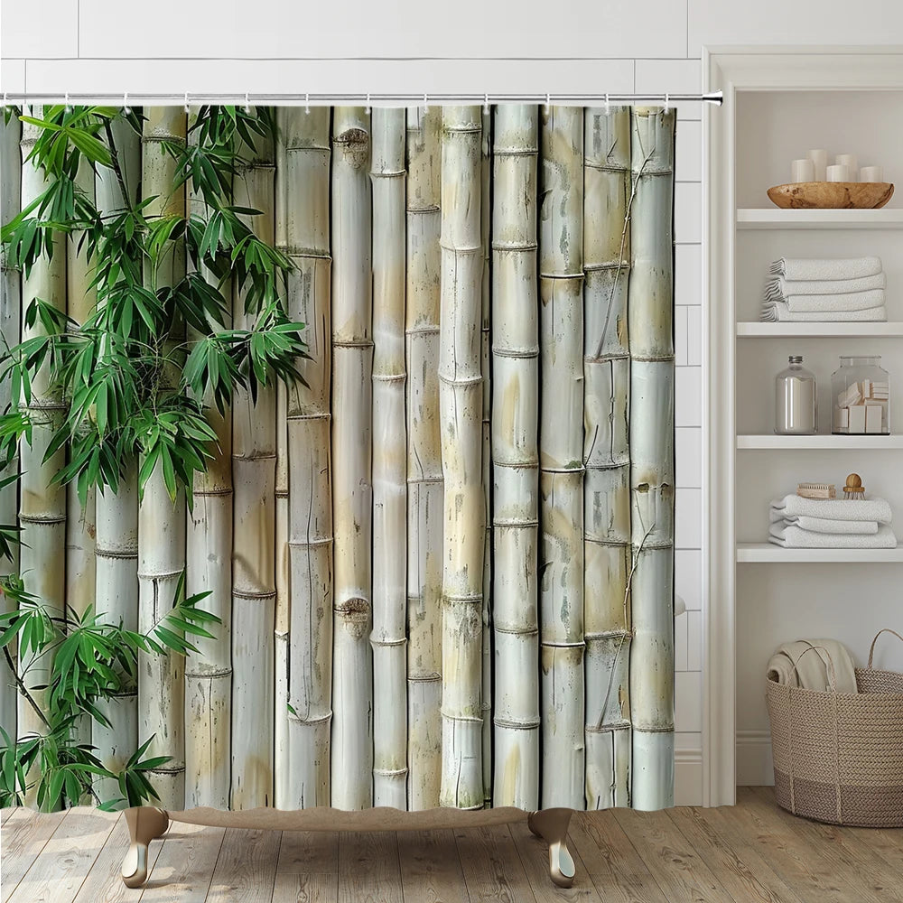 Rural Landscape Green Plant Leaves Shower Curtain Set Yellow Bamboo Flower Bathroom Curtains Non-Slip Bath Mat Rug Toilet Cover