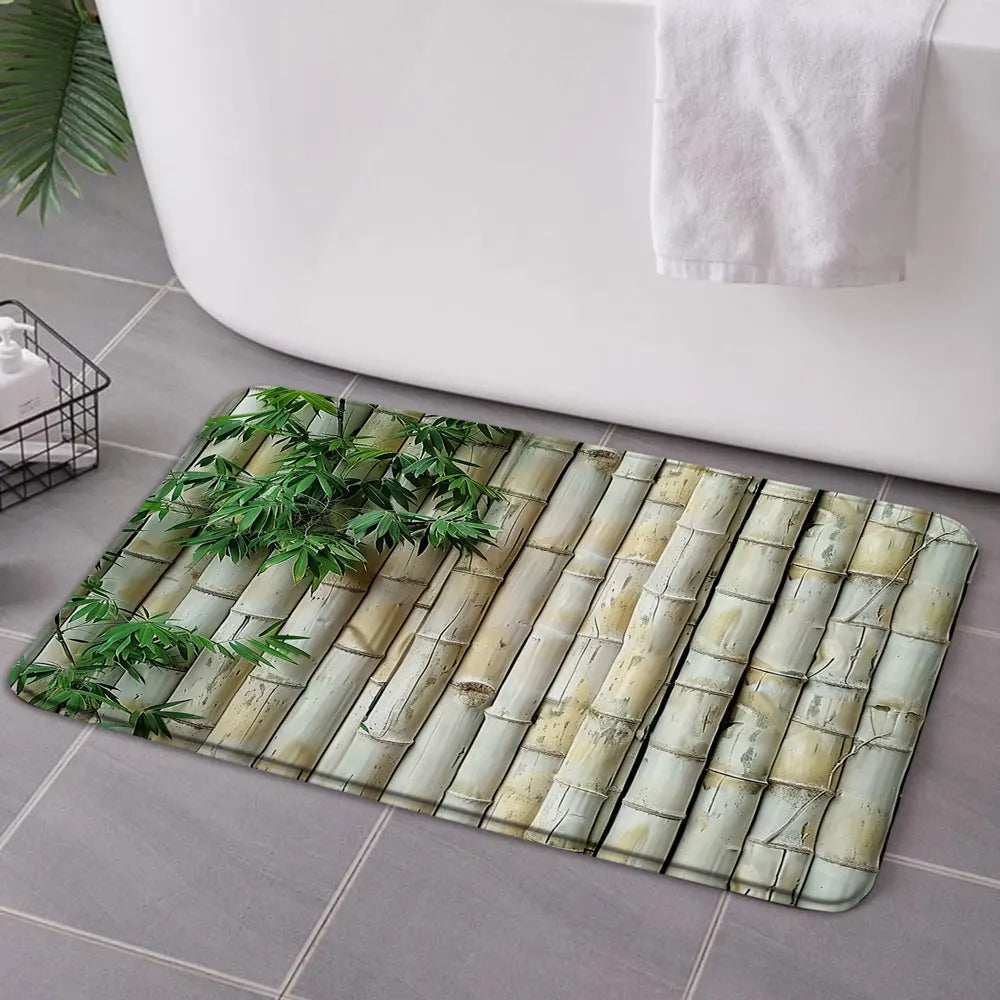 Rural Landscape Green Plant Leaves Shower Curtain Set Yellow Bamboo Flower Bathroom Curtains Non-Slip Bath Mat Rug Toilet Cover