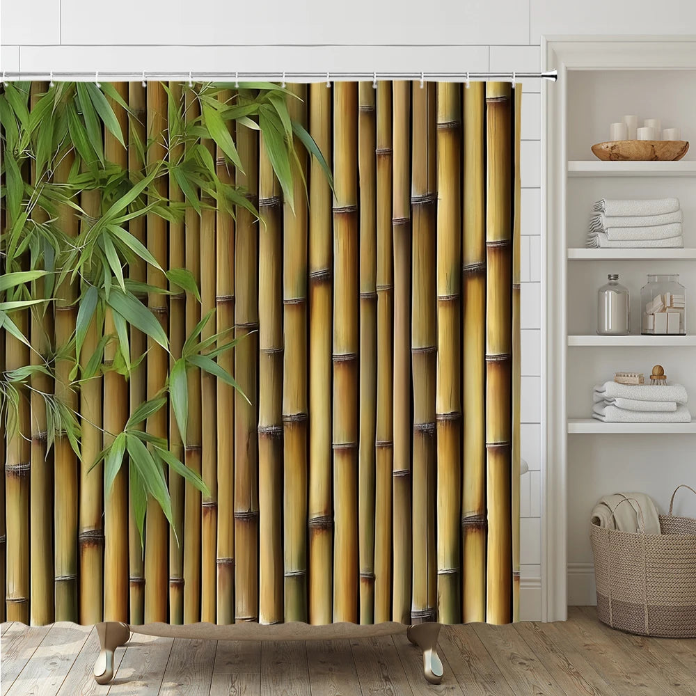 Rural Landscape Green Plant Leaves Shower Curtain Set Yellow Bamboo Flower Bathroom Curtains Non-Slip Bath Mat Rug Toilet Cover