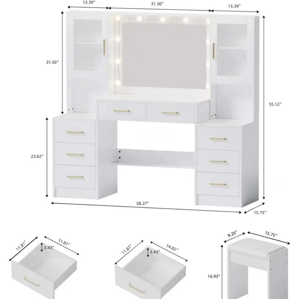 58.3" Vanity Desk with Mirror & Lights, Makeup Vanity with 10 LED Lights, 8 Metal Sliding Drawers & 2 Cabinets, White Vanity Set