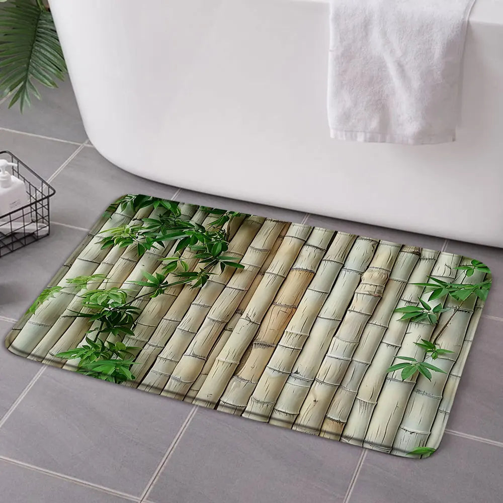 Rural Landscape Green Plant Leaves Shower Curtain Set Yellow Bamboo Flower Bathroom Curtains Non-Slip Bath Mat Rug Toilet Cover