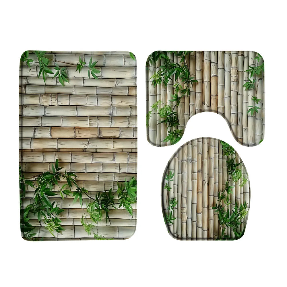 Rural Landscape Green Plant Leaves Shower Curtain Set Yellow Bamboo Flower Bathroom Curtains Non-Slip Bath Mat Rug Toilet Cover