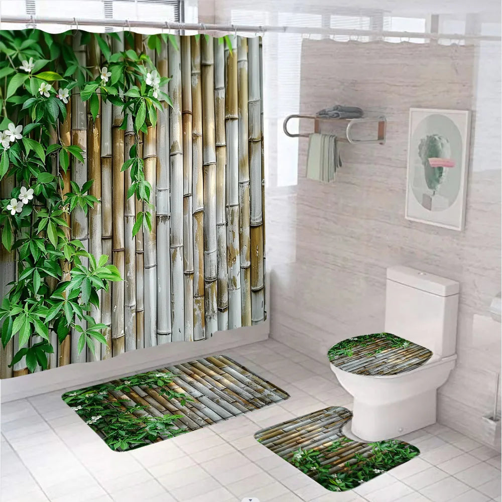 Rural Landscape Green Plant Leaves Shower Curtain Set Yellow Bamboo Flower Bathroom Curtains Non-Slip Bath Mat Rug Toilet Cover