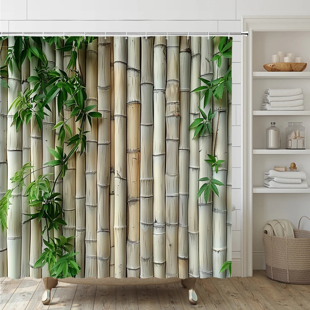 Rural Landscape Green Plant Leaves Shower Curtain Set Yellow Bamboo Flower Bathroom Curtains Non-Slip Bath Mat Rug Toilet Cover