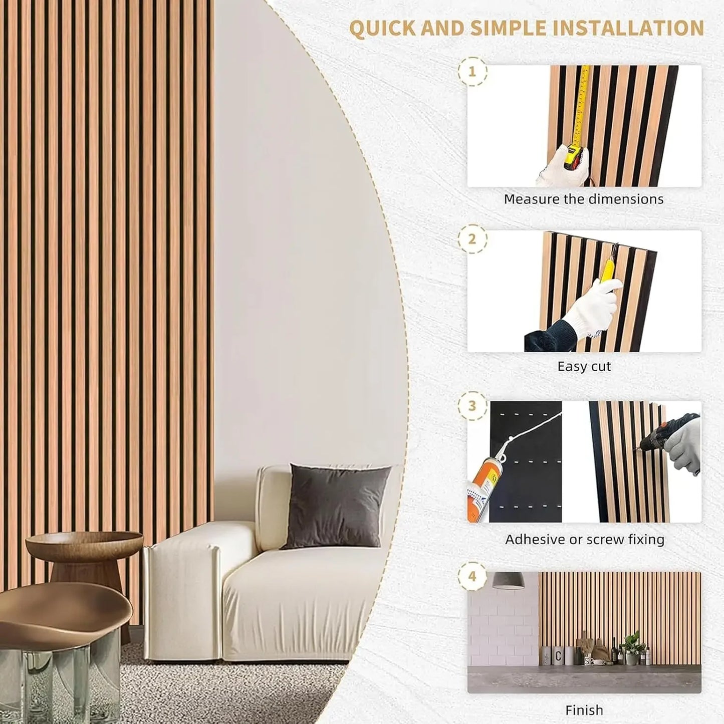 Wood Slat Acoustic Panels for Stylish Decor, Noise Reduction, 3D Fluted Panel for Wall, Interior Design, 47 in