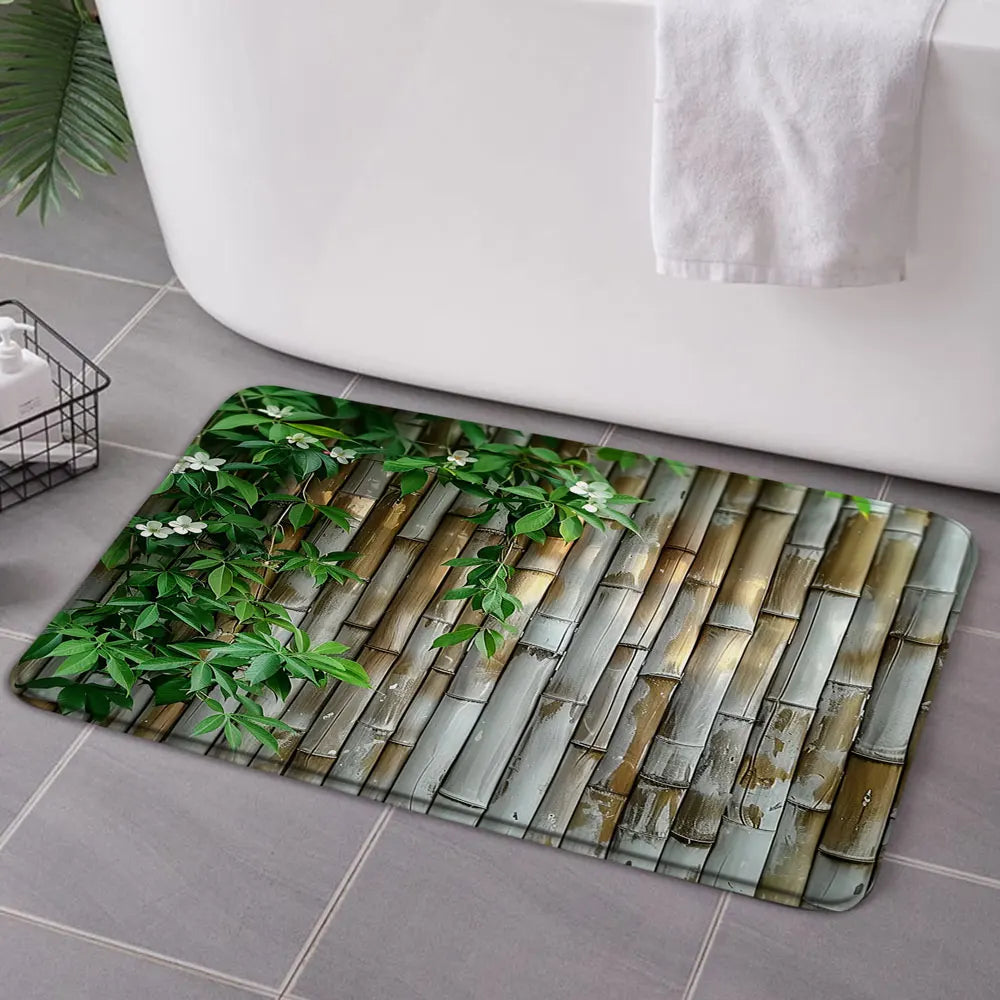 Rural Landscape Green Plant Leaves Shower Curtain Set Yellow Bamboo Flower Bathroom Curtains Non-Slip Bath Mat Rug Toilet Cover