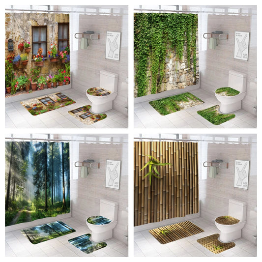 Outdoor Garden Printed Shower Curtain, Waterproof Bamboo Shower Curtain Including Hooks, Decorative Bathtub Partition Curtain