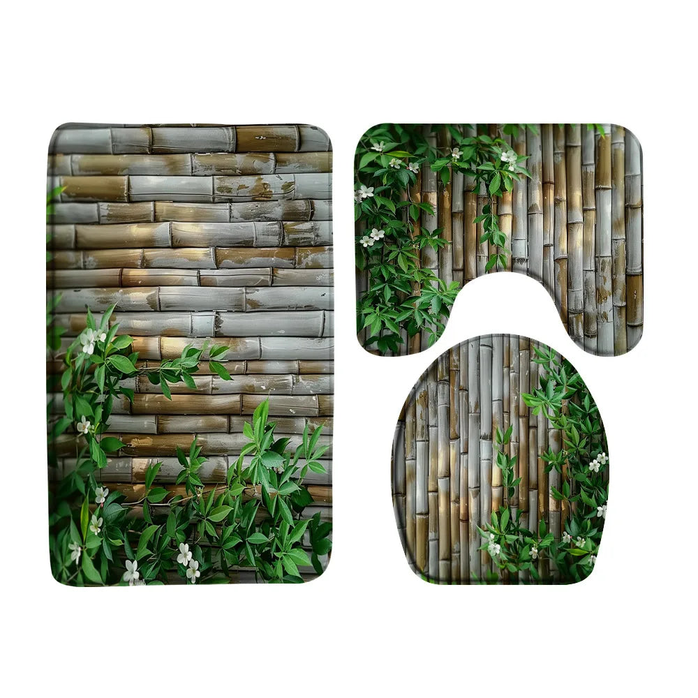 Rural Landscape Green Plant Leaves Shower Curtain Set Yellow Bamboo Flower Bathroom Curtains Non-Slip Bath Mat Rug Toilet Cover