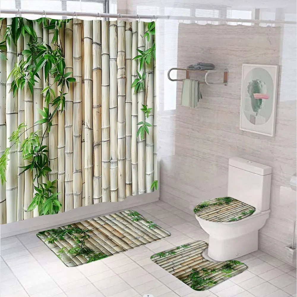 Rural Landscape Green Plant Leaves Shower Curtain Set Yellow Bamboo Flower Bathroom Curtains Non-Slip Bath Mat Rug Toilet Cover